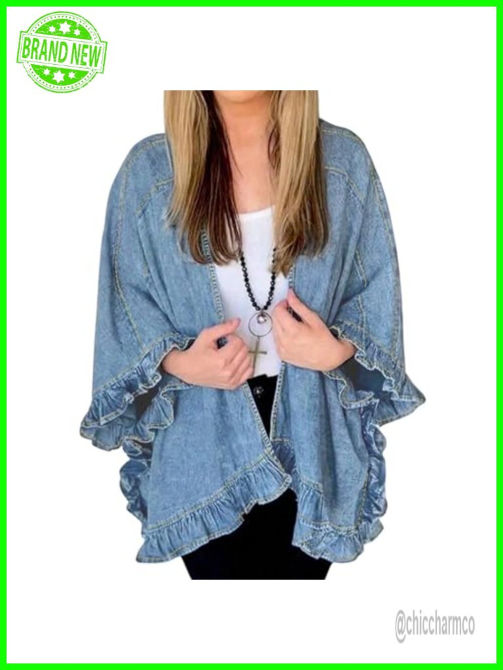 Ruffled Denim Jacket Women's Vintage Loose Poncho Lapel Irregular Hem Trendy